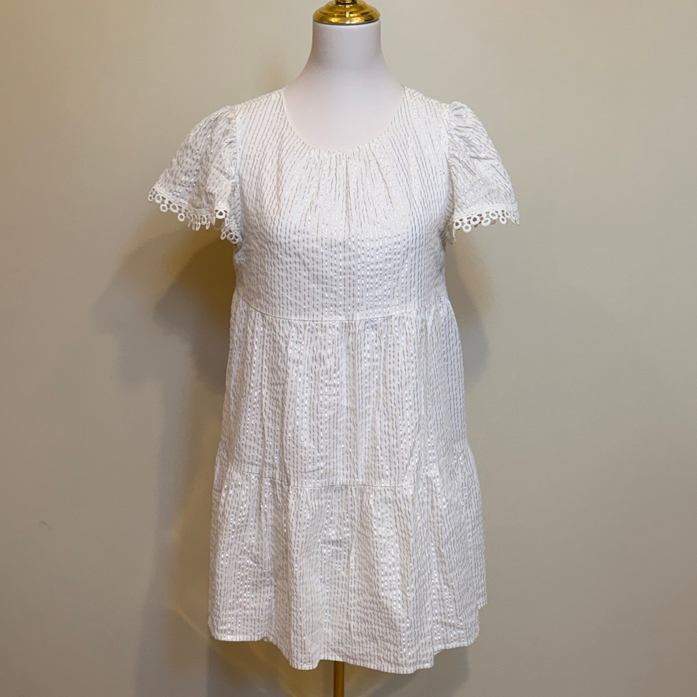 Aura Cream Gold Stripe Babydoll Dress Cotton Linen Eyelet Trim Size M